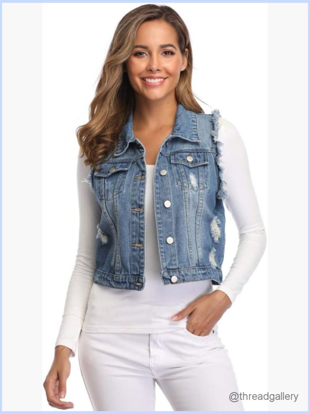 Sleeveless Denim Vest with Chest Pockets Button Down Frayed Hem Crop